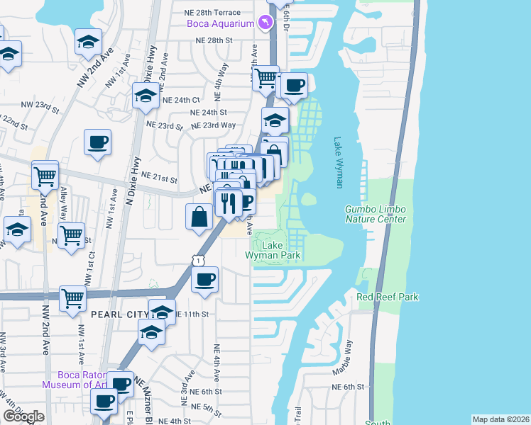 map of restaurants, bars, coffee shops, grocery stores, and more near 531 Northeast 17th Street in Boca Raton