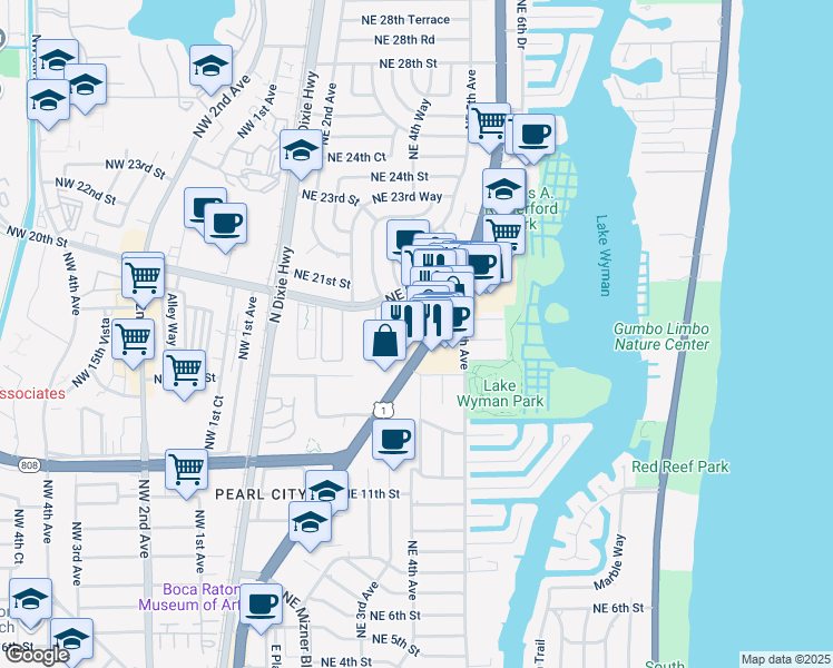 map of restaurants, bars, coffee shops, grocery stores, and more near 1658 North Federal Highway in Boca Raton