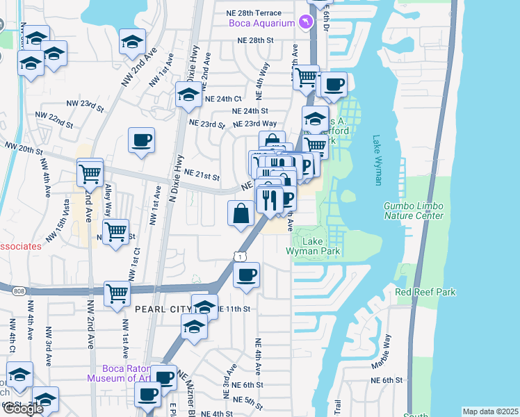 map of restaurants, bars, coffee shops, grocery stores, and more near 1658 North Federal Highway in Boca Raton