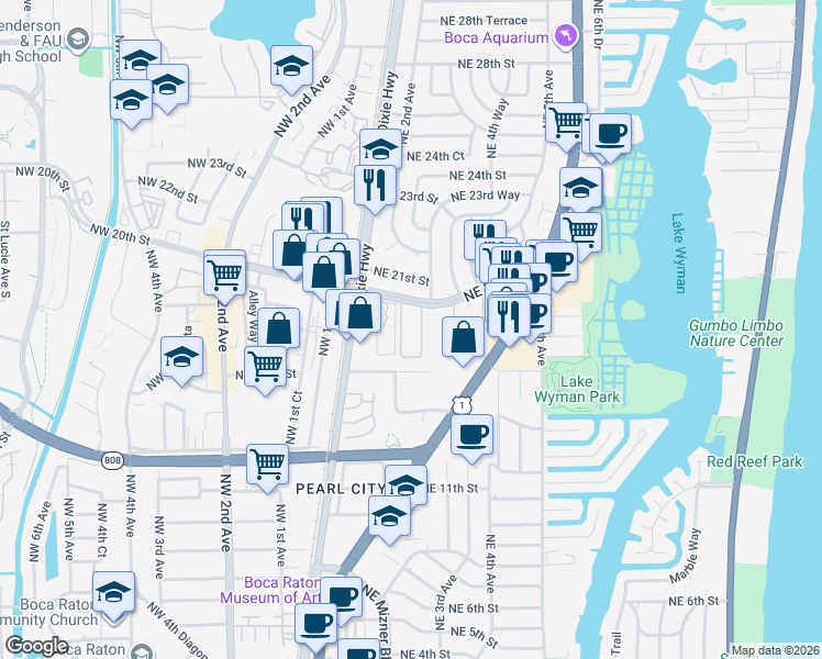 map of restaurants, bars, coffee shops, grocery stores, and more near 227 Tierra Del Sol in Boca Raton