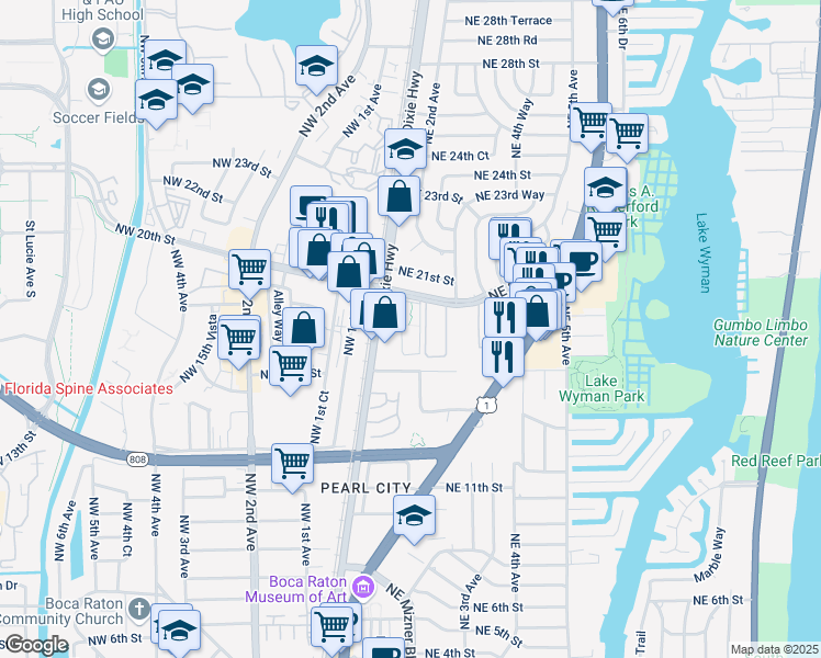 map of restaurants, bars, coffee shops, grocery stores, and more near 227 Tierra Del Sol in Boca Raton