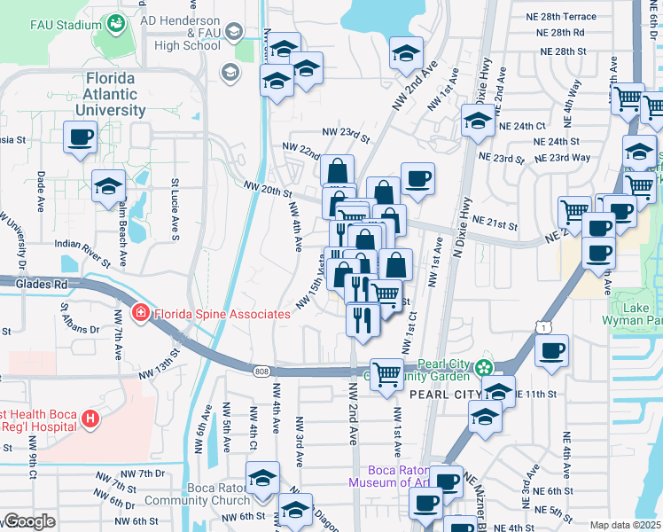map of restaurants, bars, coffee shops, grocery stores, and more near 253 Northwest 15th Street in Boca Raton
