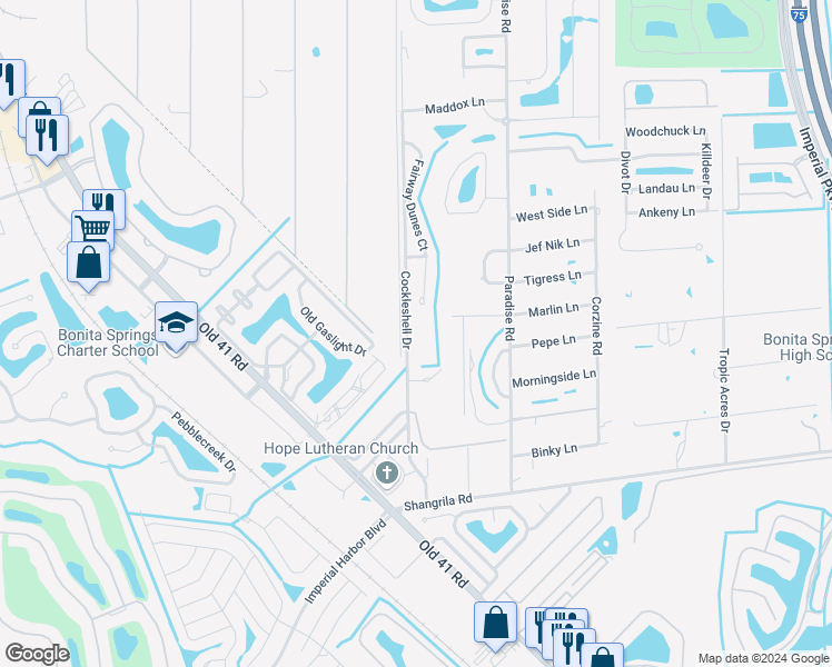 map of restaurants, bars, coffee shops, grocery stores, and more near 25500 Cockleshell Drive in Bonita Springs