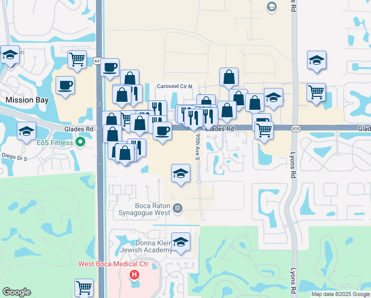 map of restaurants, bars, coffee shops, grocery stores, and more near 9600-9798 Glades Road in Boca Raton