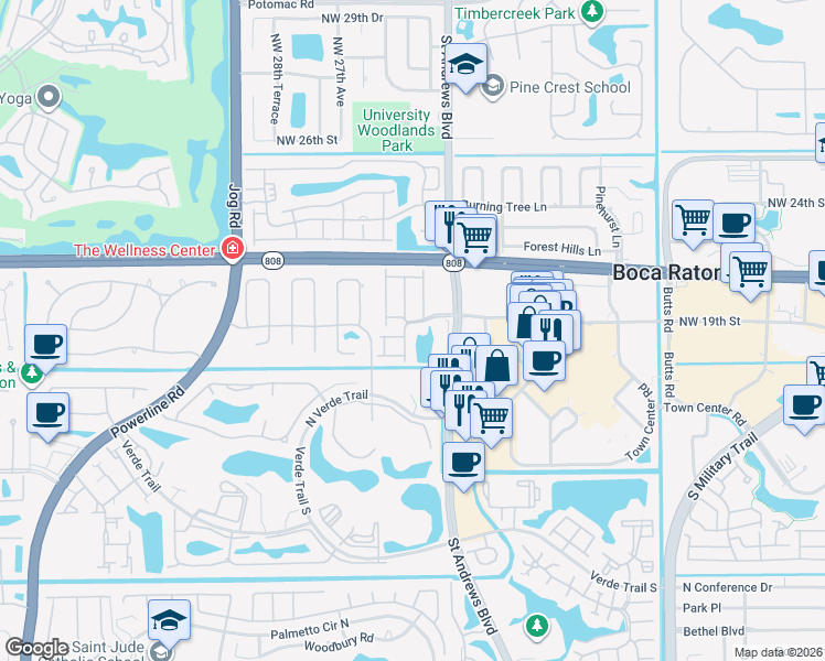 map of restaurants, bars, coffee shops, grocery stores, and more near 20868 Vía Madeira in Boca Raton