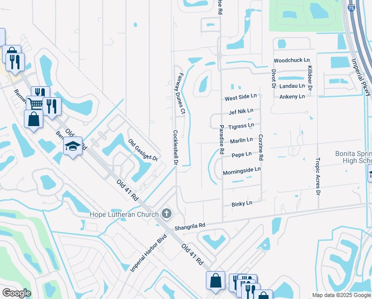 map of restaurants, bars, coffee shops, grocery stores, and more near 25591 Fairway Dunes Court in Bonita Springs
