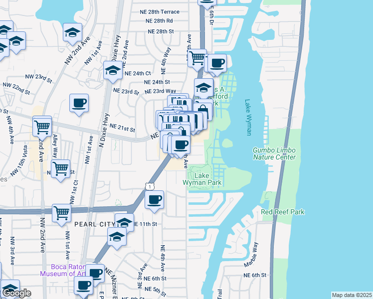 map of restaurants, bars, coffee shops, grocery stores, and more near 1796 Northeast 5th Avenue in Boca Raton