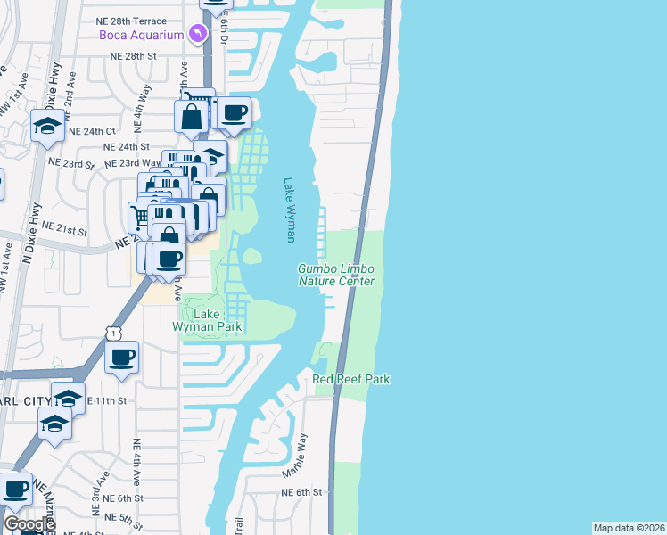 map of restaurants, bars, coffee shops, grocery stores, and more near 1801 North Ocean Boulevard in Boca Raton