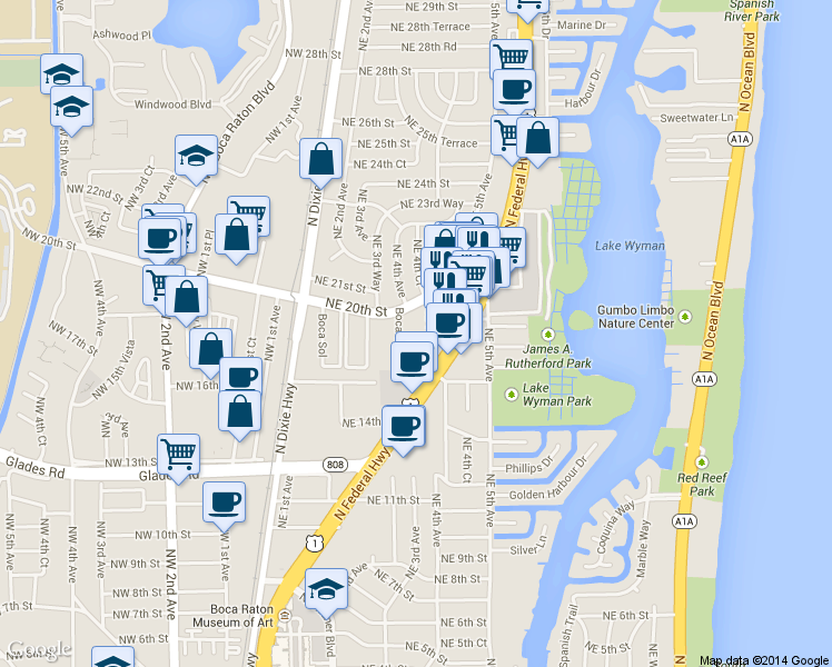 map of restaurants, bars, coffee shops, grocery stores, and more near 31 Boca Verde East in Boca Raton