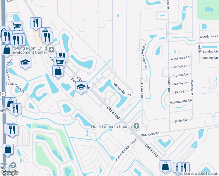 map of restaurants, bars, coffee shops, grocery stores, and more near 25774 Old Gaslight Drive in Bonita Springs