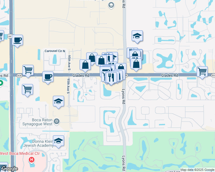 map of restaurants, bars, coffee shops, grocery stores, and more near 9190 Glades Road in Boca Raton