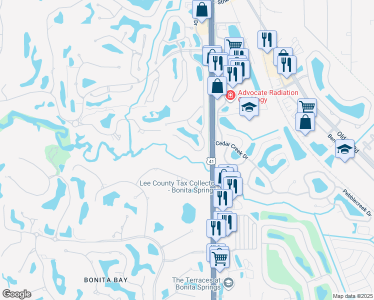 map of restaurants, bars, coffee shops, grocery stores, and more near 3441 Pointe Creek Court in Bonita Springs