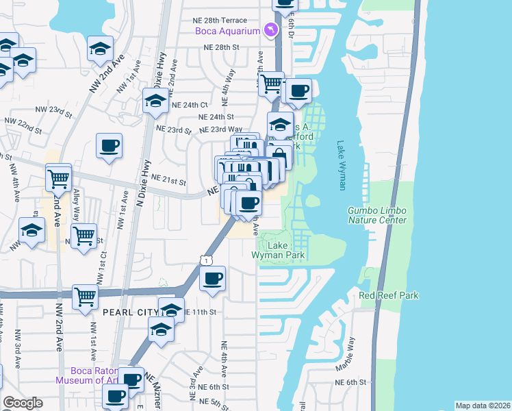 map of restaurants, bars, coffee shops, grocery stores, and more near 501 Northeast 18th Street in Boca Raton