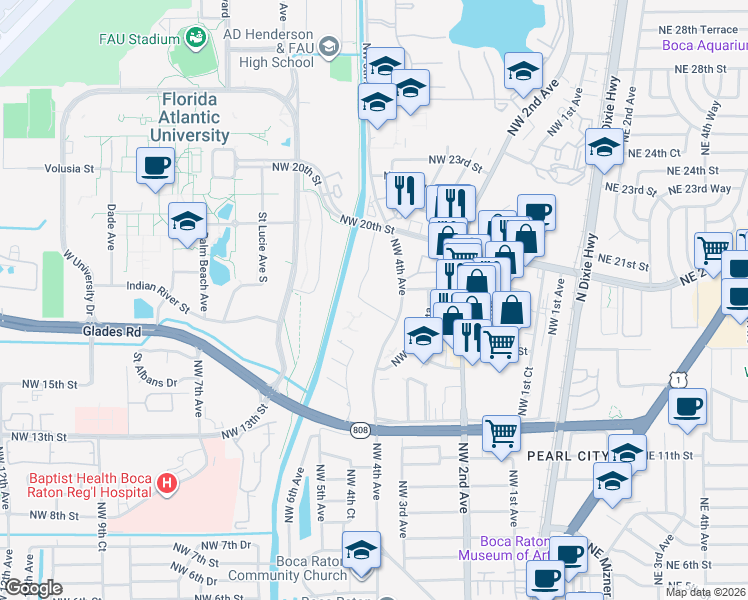 map of restaurants, bars, coffee shops, grocery stores, and more near 470 Northwest 20th Street in Boca Raton