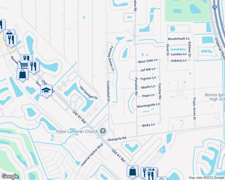 map of restaurants, bars, coffee shops, grocery stores, and more near 25590 Fairway Dunes Court in Bonita Springs