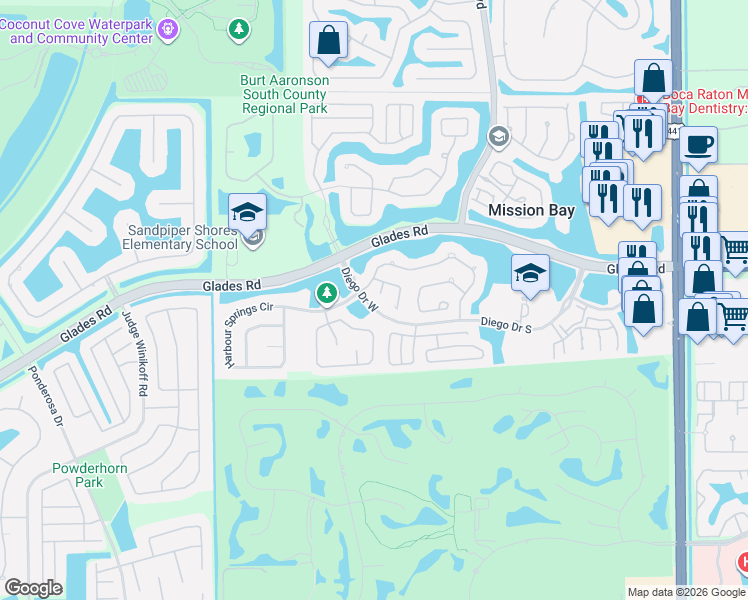 map of restaurants, bars, coffee shops, grocery stores, and more near 10799 Santa Laguna Drive in Boca Raton