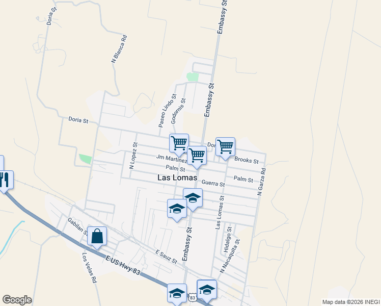 map of restaurants, bars, coffee shops, grocery stores, and more near 8014 Embassy Street in Rio Grande City