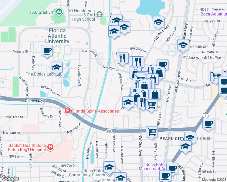 map of restaurants, bars, coffee shops, grocery stores, and more near 470 Northwest 20th Street in Boca Raton