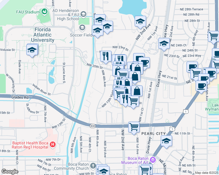 map of restaurants, bars, coffee shops, grocery stores, and more near 399 Northwest 19th Street in Boca Raton