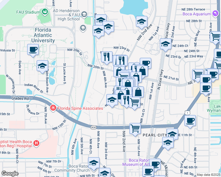 map of restaurants, bars, coffee shops, grocery stores, and more near 340 Northwest 19th Street in Boca Raton