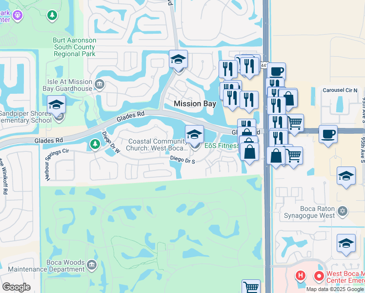 map of restaurants, bars, coffee shops, grocery stores, and more near 10555 Diego Drive South in Boca Raton
