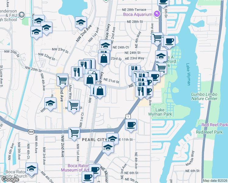 map of restaurants, bars, coffee shops, grocery stores, and more near 200 Northeast 20th Street in Boca Raton