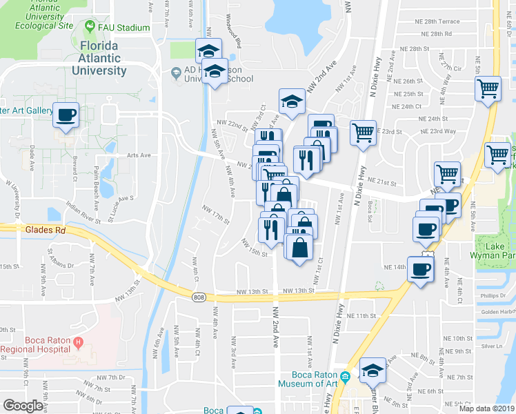 map of restaurants, bars, coffee shops, grocery stores, and more near 245 Northwest 19th Street in Boca Raton