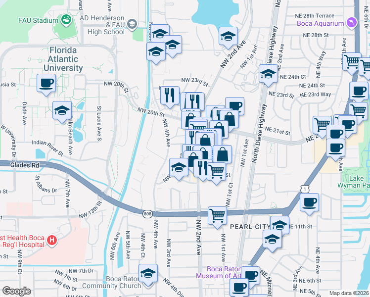 map of restaurants, bars, coffee shops, grocery stores, and more near 245 Northwest 19th Street in Boca Raton
