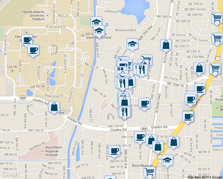 map of restaurants, bars, coffee shops, grocery stores, and more near 399 Northwest 19th Street in Boca Raton