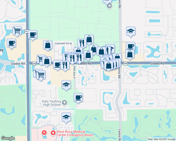 map of restaurants, bars, coffee shops, grocery stores, and more near 20820 Boca Ridge Drive North in Boca Raton