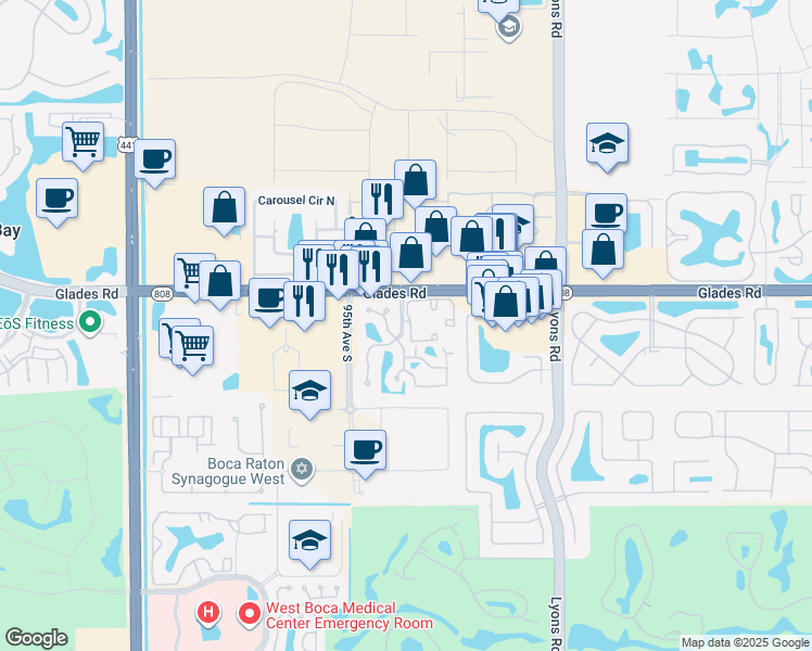 map of restaurants, bars, coffee shops, grocery stores, and more near 20820 Boca Ridge Drive North in Boca Raton