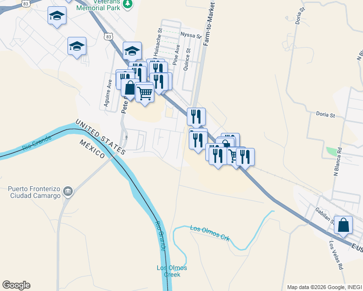 map of restaurants, bars, coffee shops, grocery stores, and more near 347 Oak Street in Rio Grande City
