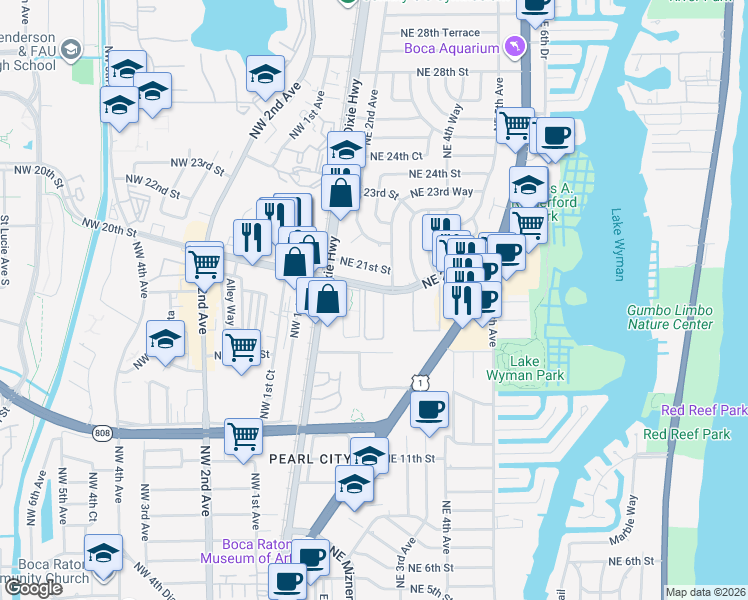 map of restaurants, bars, coffee shops, grocery stores, and more near 200 Northeast 20th Street in Boca Raton