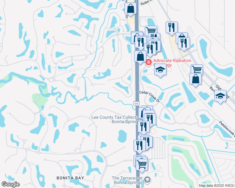 map of restaurants, bars, coffee shops, grocery stores, and more near 3418 Pointe Creek Court in Bonita Springs