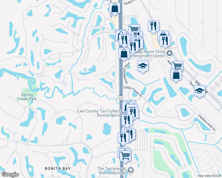 map of restaurants, bars, coffee shops, grocery stores, and more near 3436 Pointe Creek Court in Bonita Springs