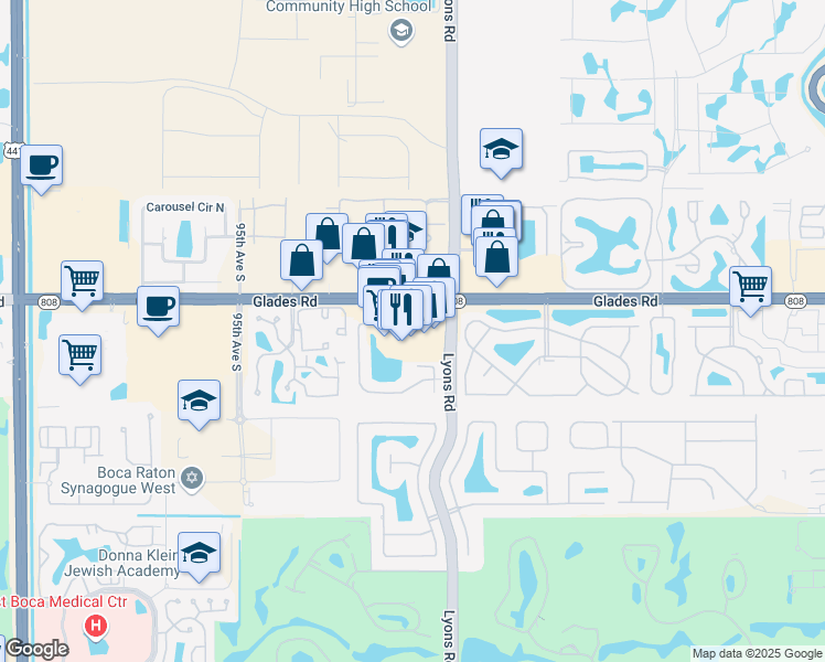 map of restaurants, bars, coffee shops, grocery stores, and more near 9190 Glades Road in Boca Raton