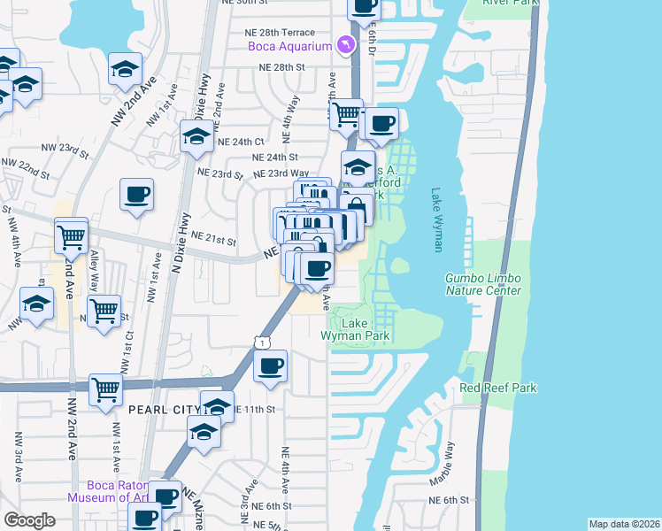 map of restaurants, bars, coffee shops, grocery stores, and more near 501 Northeast 18th Street in Boca Raton