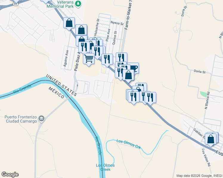map of restaurants, bars, coffee shops, grocery stores, and more near 347 Oak Street in Rio Grande City
