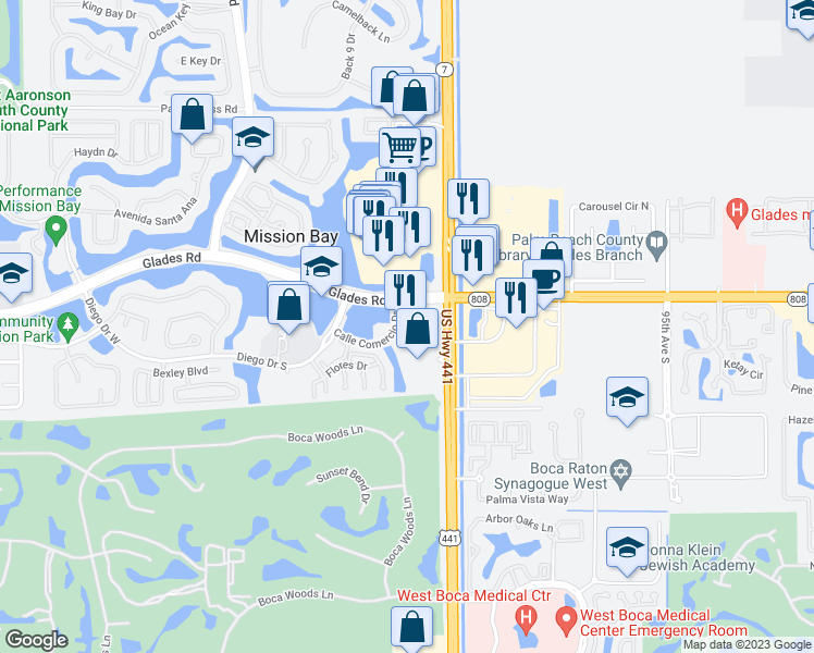 map of restaurants, bars, coffee shops, grocery stores, and more near 10050 Calle Comercio in Boca Raton