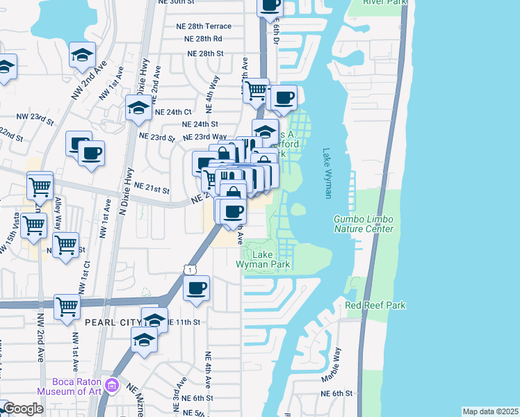 map of restaurants, bars, coffee shops, grocery stores, and more near 600 Northeast 24th Street in Boca Raton