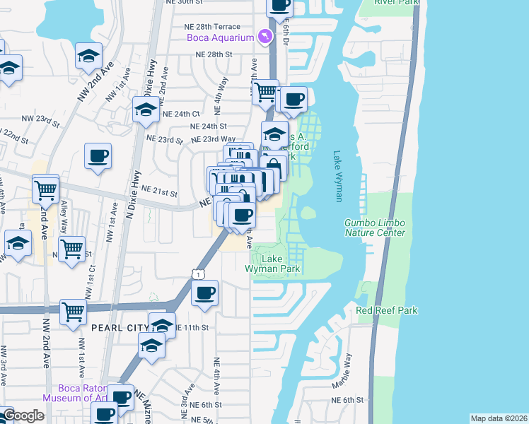 map of restaurants, bars, coffee shops, grocery stores, and more near 501 Northeast 18th Street in Boca Raton