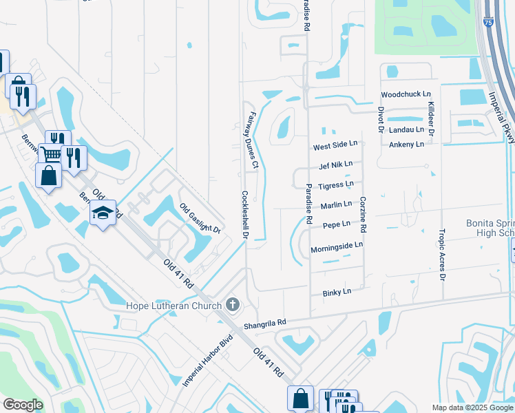 map of restaurants, bars, coffee shops, grocery stores, and more near 25590 Fairway Dunes Court in Bonita Springs