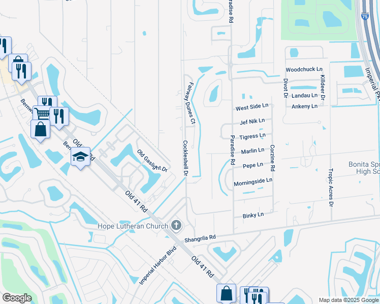 map of restaurants, bars, coffee shops, grocery stores, and more near 25590 Fairway Dunes Court in Bonita Springs