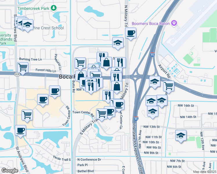 map of restaurants, bars, coffee shops, grocery stores, and more near 1951 Northwest 19th Street in Boca Raton