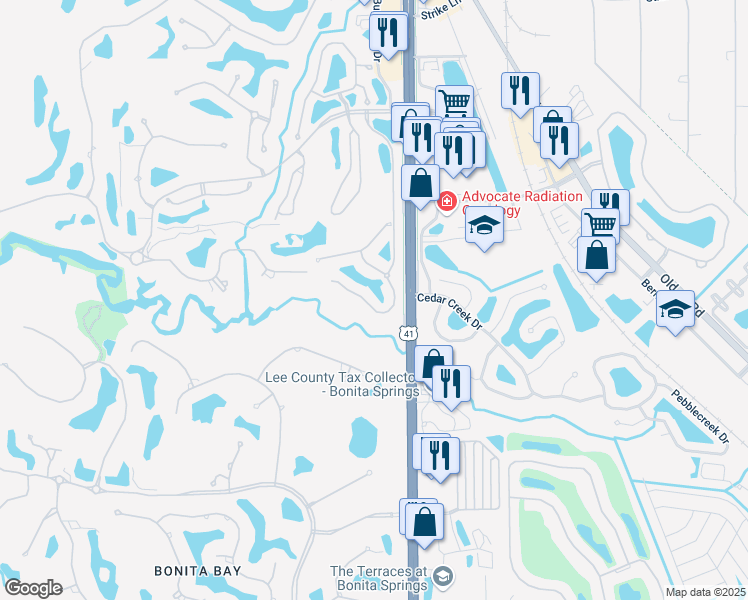 map of restaurants, bars, coffee shops, grocery stores, and more near 3442 Pointe Creek Court in Bonita Springs
