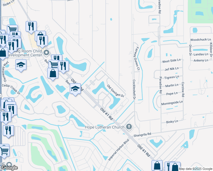 map of restaurants, bars, coffee shops, grocery stores, and more near 25774 Old Gaslight Drive in Bonita Springs