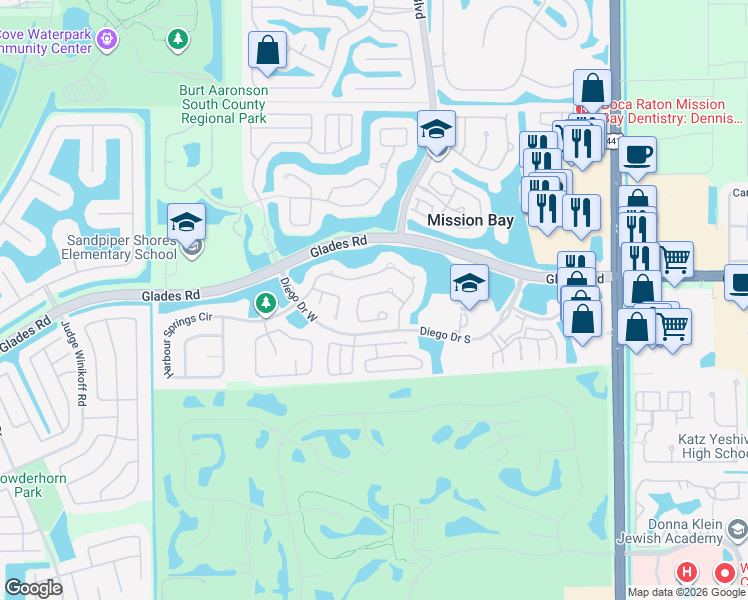 map of restaurants, bars, coffee shops, grocery stores, and more near 10552 Mendocino Lane in Boca Raton