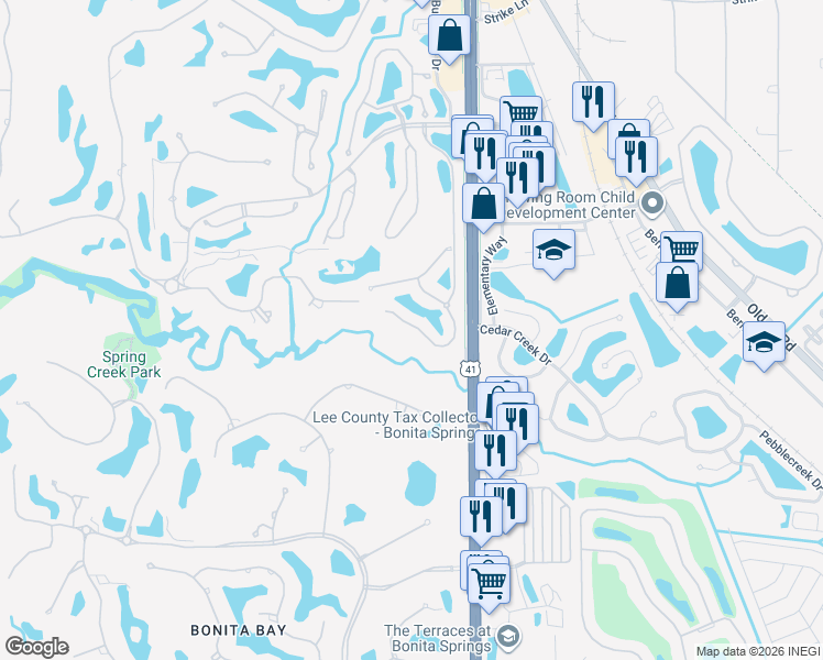 map of restaurants, bars, coffee shops, grocery stores, and more near 3418 Pointe Creek Court in Bonita Springs