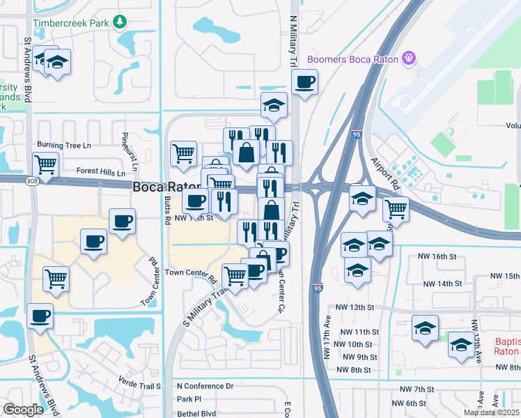 map of restaurants, bars, coffee shops, grocery stores, and more near 1950 Glades Road in Boca Raton