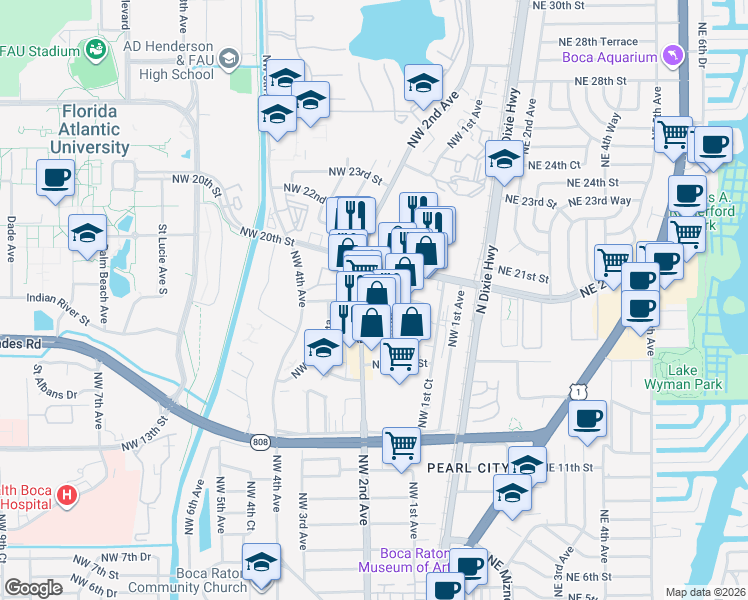 map of restaurants, bars, coffee shops, grocery stores, and more near 1920 Northwest Boca Raton Boulevard in Boca Raton